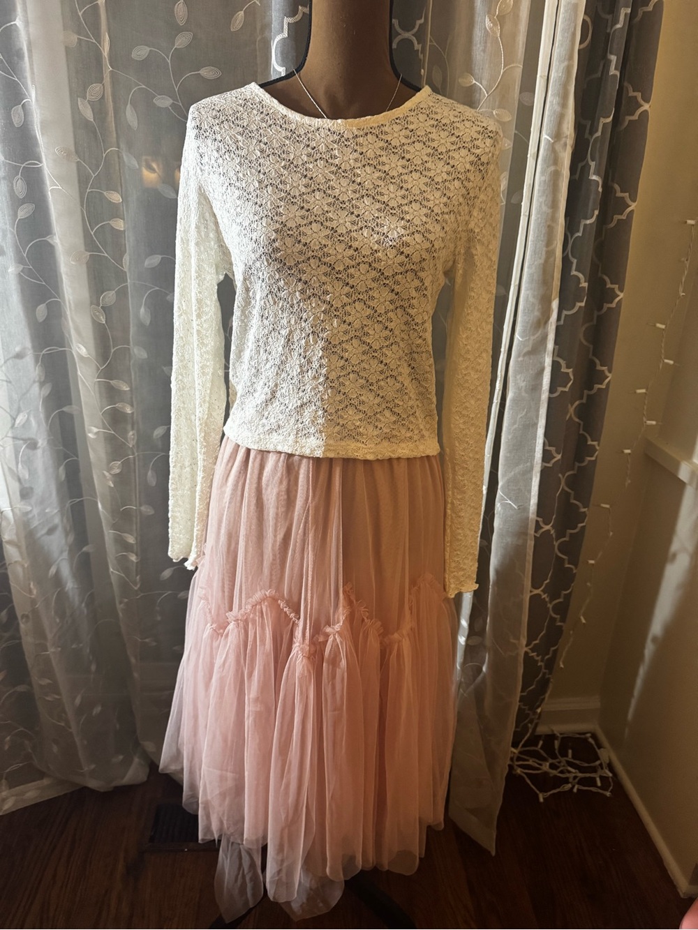 Wallflower White Lace Top with Blush Pink Tulle Maxi Skirt